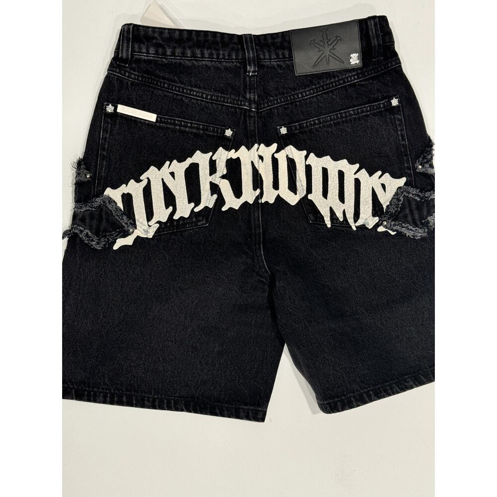 UNKNOWN MAIN LINE COLLECTION CROSS PATCH WASHED DENIM SHORTS Size 28 BLACK